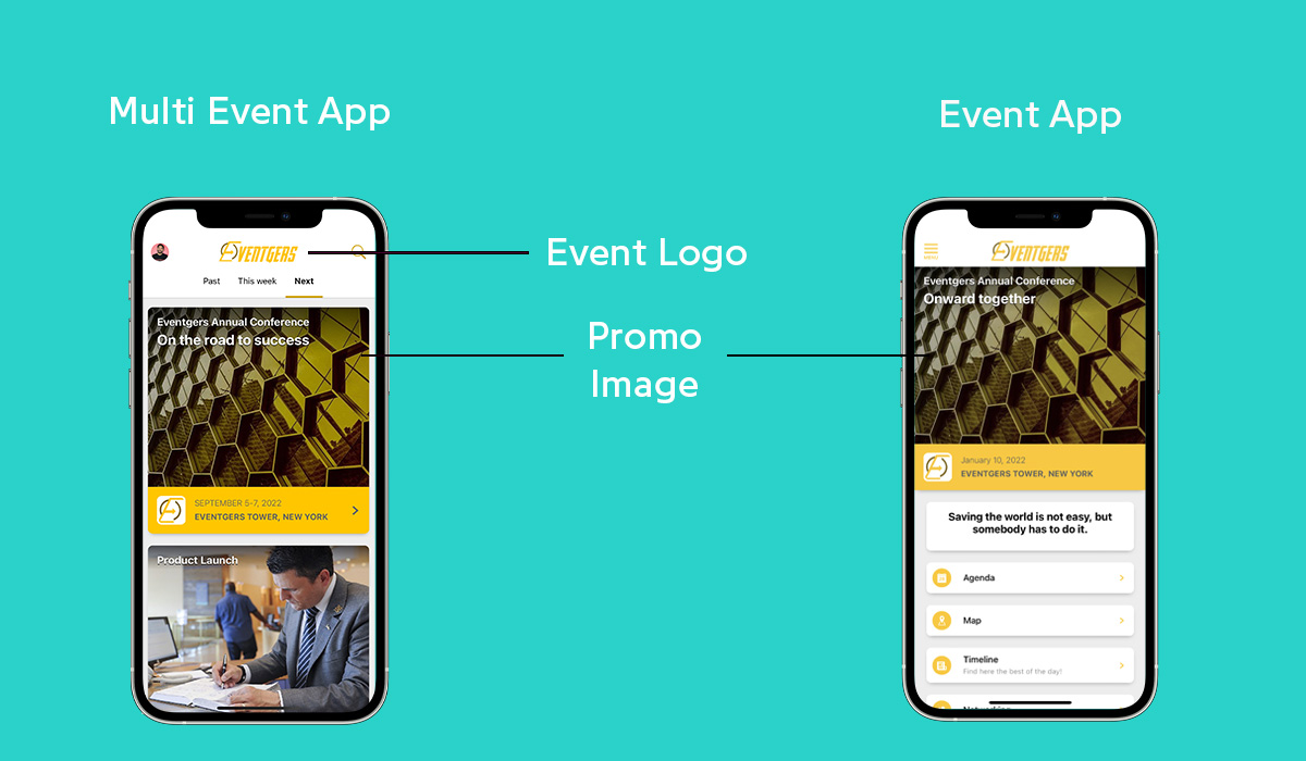 Comparaison de l'image promotionnelle entre Event App et Multi Event App