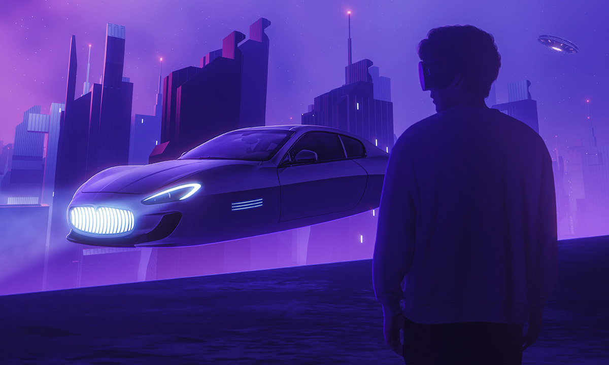 Homme casque VR voit voiture monde futuriste