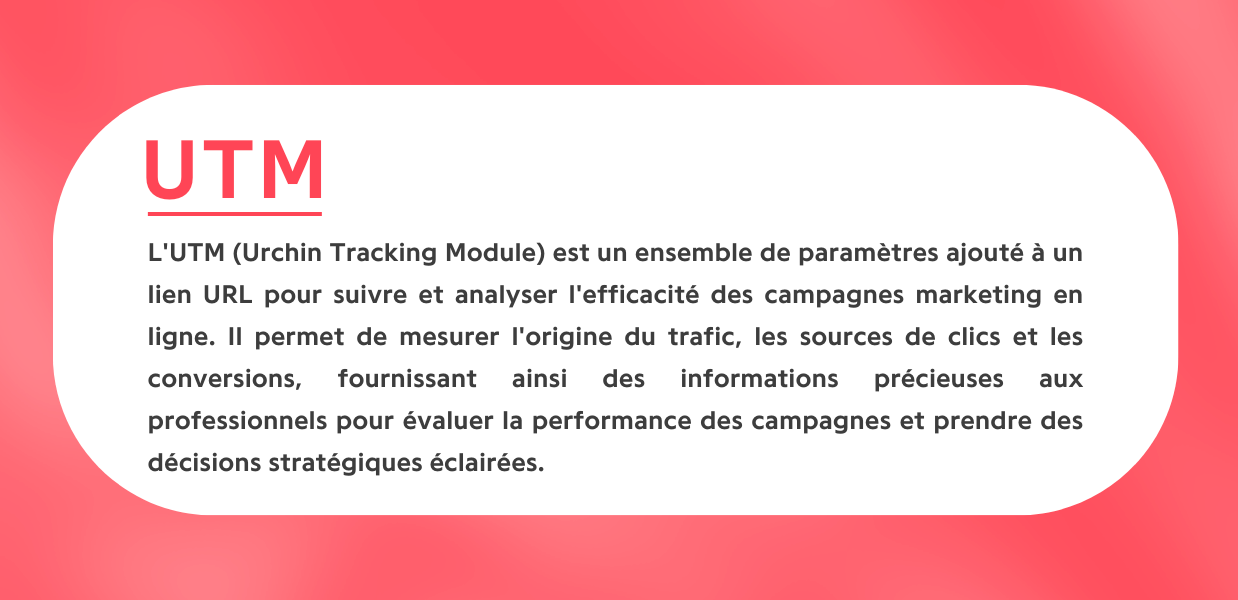 L'UTM (Urchin Tracking Module) est un ensemble de paramètres ajouté à un lien URL pour suivre et analyser l'efficacité des campagnes marketing en ligne. Il permet de mesurer l'origine du trafic, les sources de clics et les conversions, fournissant ainsi des informations précieuses aux professionnels pour évaluer la performance des campagnes et prendre des décisions stratégiques éclairées.