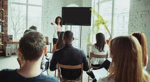 Un auditoire est assis, attentif, face à une oratrice qui s'exprime devant eux. - Article de blog Eventdrive