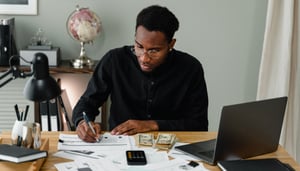 Un homme prend des notes sur une feuille, une calculatrice posée devant lui sur la table. - Article de blog Eventdrive