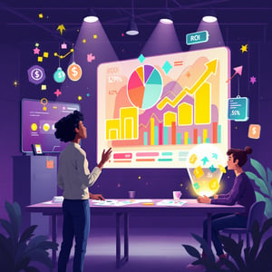 Event manager analysant un tableau de bord ROI événementiel avec graphiques et indicateurs clés de performance