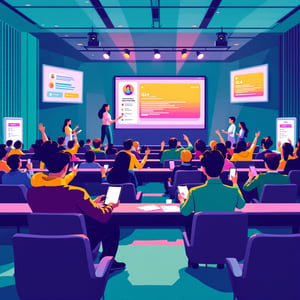 Participants utilisant une application mobile événementielle lors d'une conférence corporate avec Q&A interactif sur grand écran