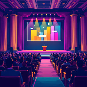 Grande salle de convention corporate avec scène et public assis face à un écran de présentation
