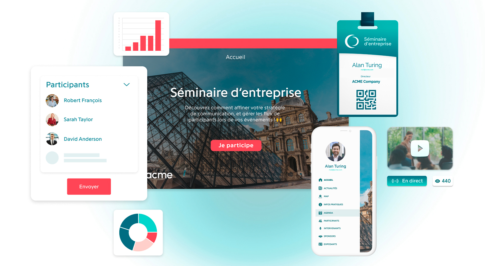 Interface d’une plateforme événementielle pour séminaire d’entreprise avec participants, badges, live vidéo et tableau de bord - Article de blog Eventdrive