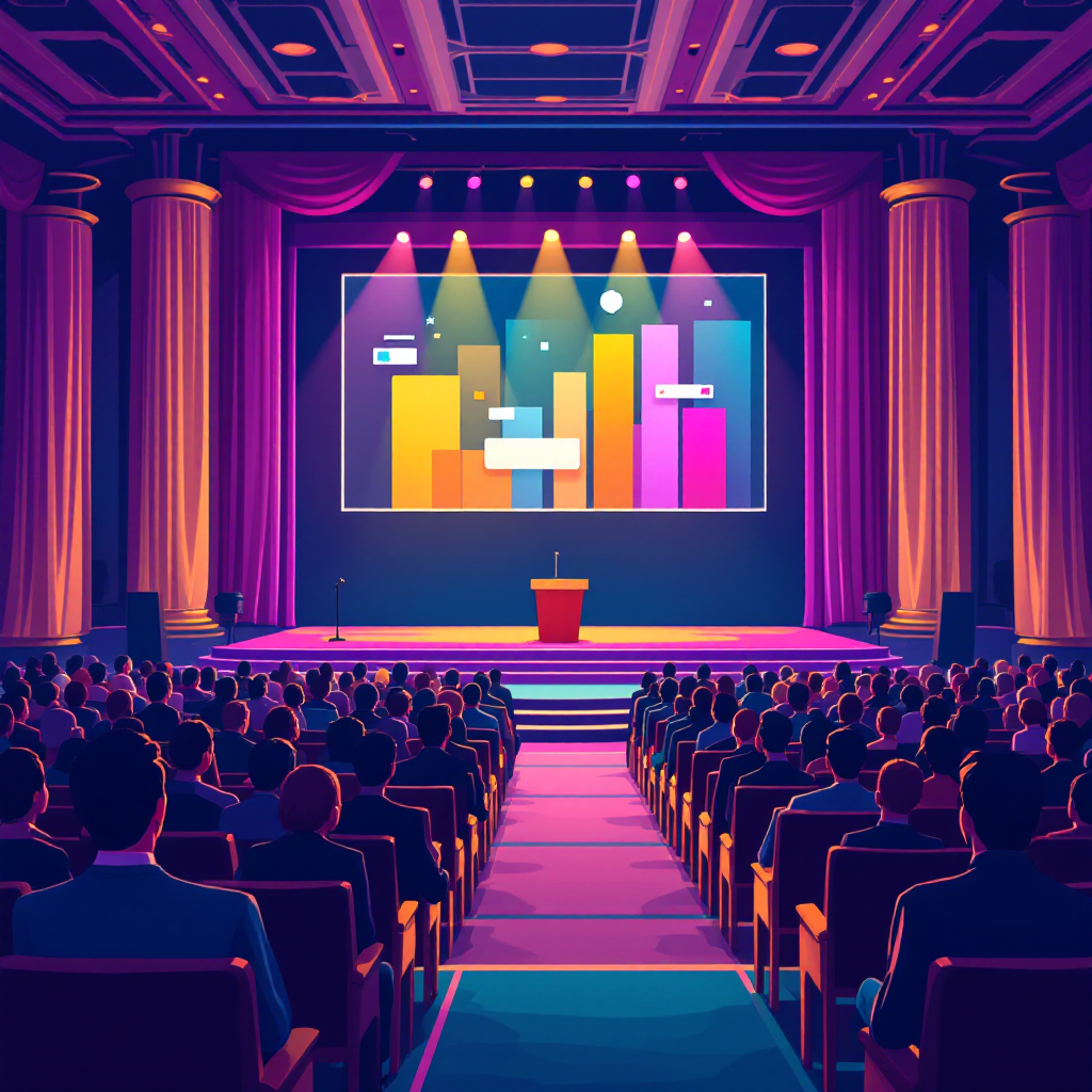 Grande salle de convention corporate avec scène et public assis face à un écran de présentation