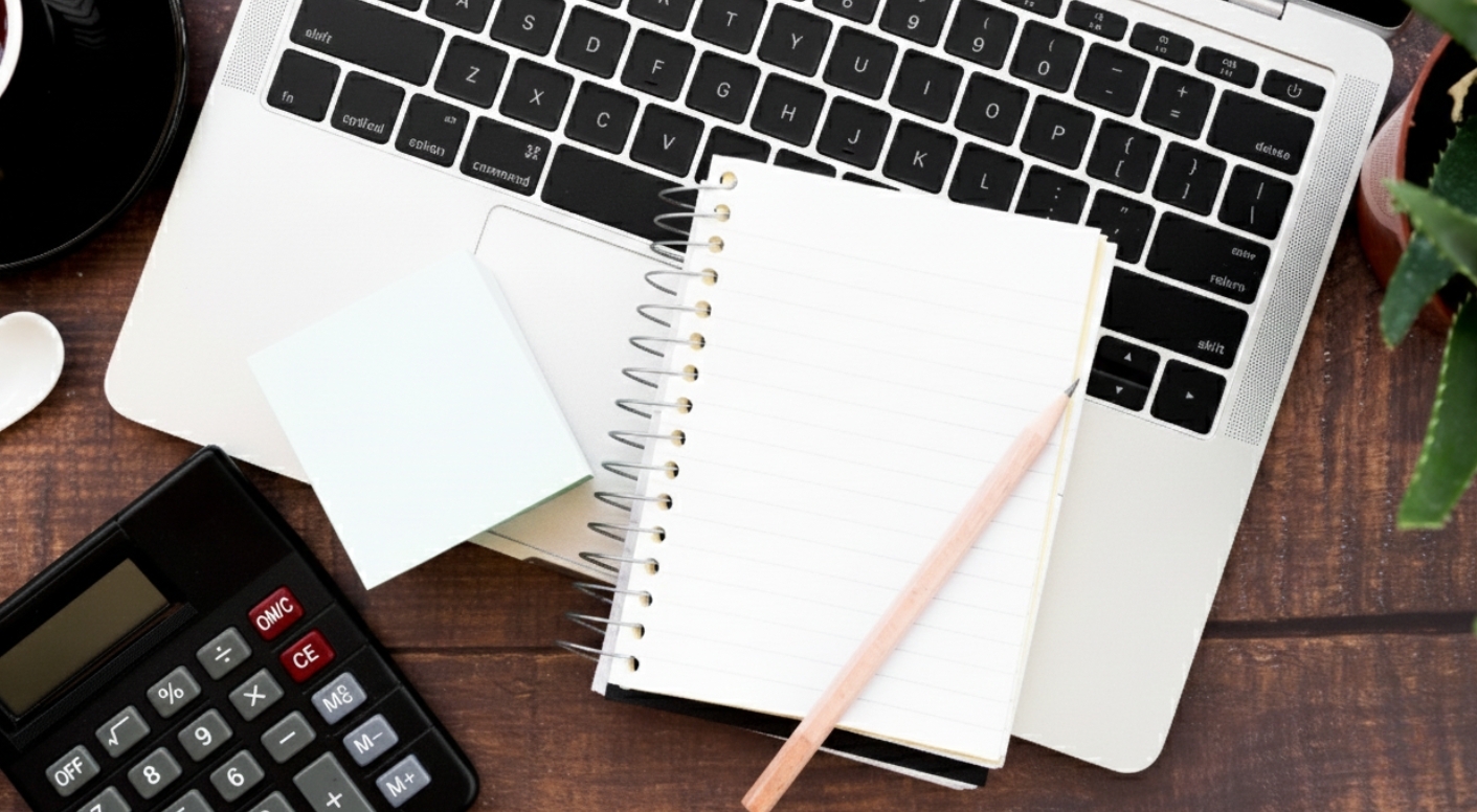Ordinateur portable ouvert avec carnet, crayon, calculatrice et tasse de café sur une table en bois (mise en scène liée au calcul du budget d’une plateforme événementielle). - Article de blog Eventdrive
