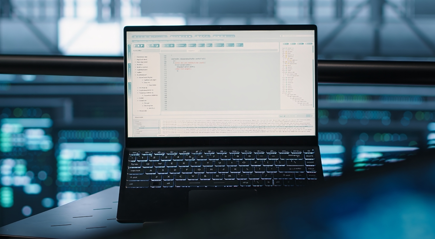 Ordinateur portable affichant du code informatique devant des serveurs symbolisant la sécurité et la protection des données d’une plateforme événementielle. - Article de blog Eventdrive